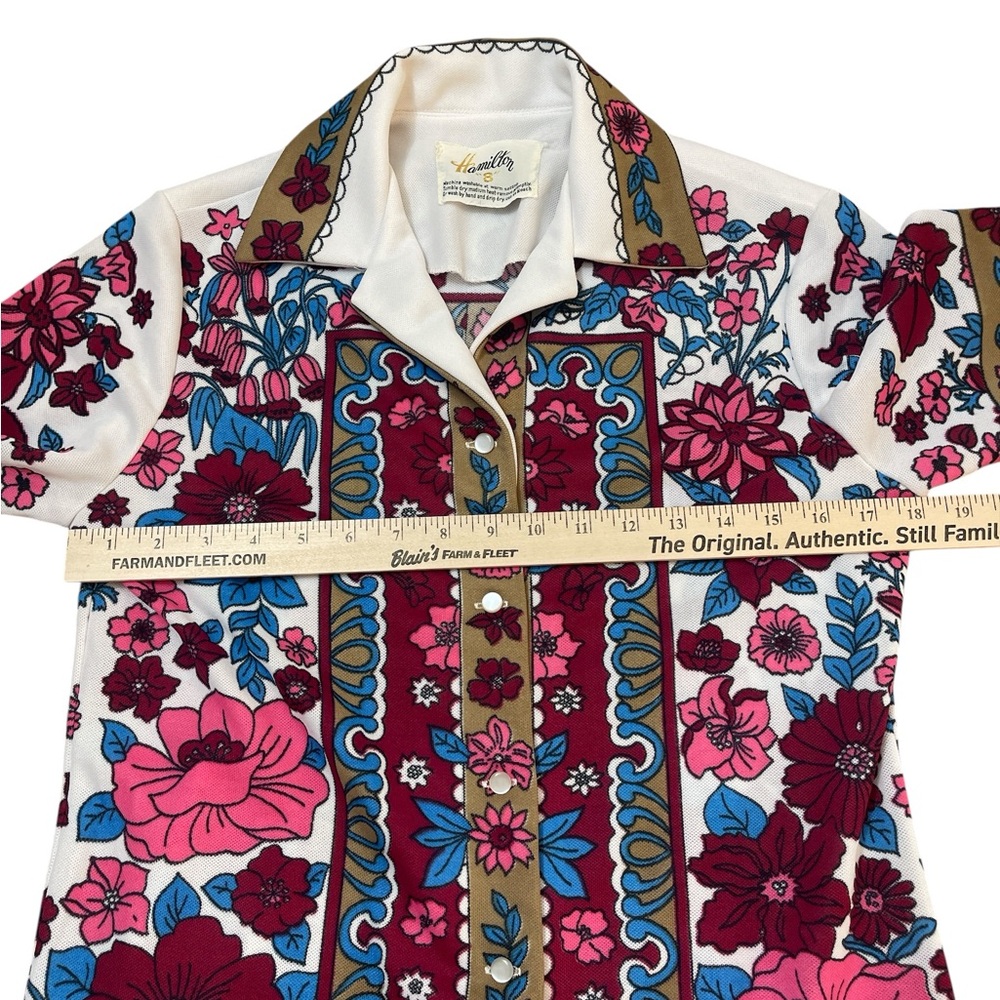 Vintage Hamilton 8 • 60s 70s Polyester Short Sleeve Floral Button Down Shirt - Picture 5 of 7